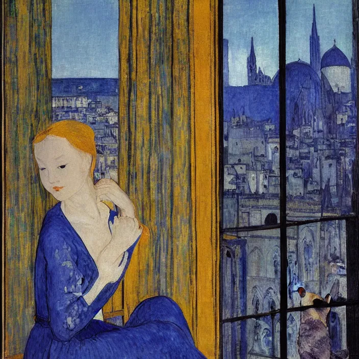 Prompt: portrait of woman in night gown with cat with city with gothic cathedral seen from a window frame with curtains. lapis - lazuli, malacchite, turquoise, indigo. piero della francesca, bonnard, henri de toulouse - lautrec, utamaro, matisse, monet, audubon