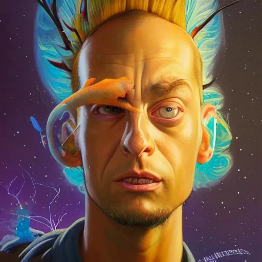 Image similar to lucky mohawk projector portrait by gaston bussierre and charles vess and james jean and erik jones and rhads, inspired by rick and morty, epic, funny, huge scale, beautiful fine face features, intricate high details, sharp, ultradetailed