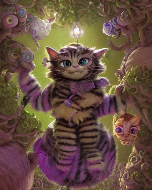 Image similar to an adorable cheshire cat in wonderland | highly detailed | very intricate | symmetrical | fantasy and whimsical and magical | soft cinematic lighting | disney pixar | award - winning | painted by donato giancola and paul lehr and ross tran | pastel color palette | featured on artstation