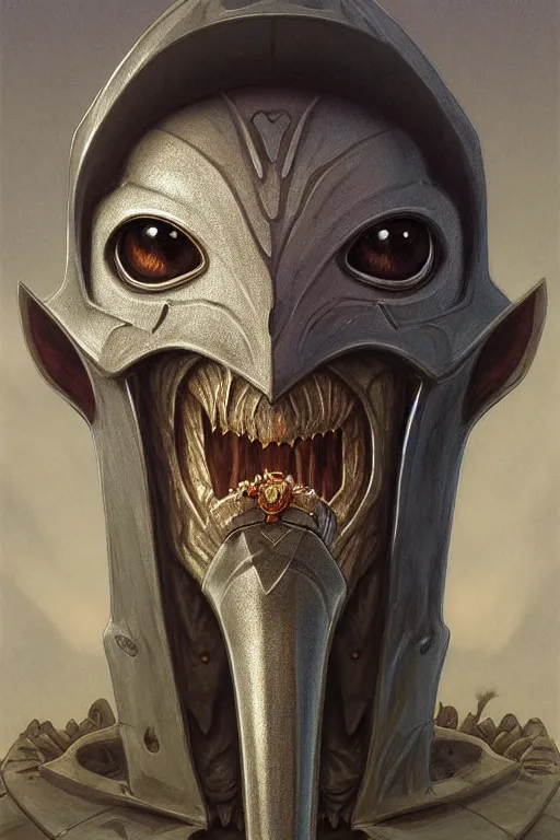 Image similar to anthropomorphic knight head in death gemfuse mr bean giant pupils, intricate, elegant, highly detailed face, wide angle, digital painting, artstation, concept art, sharp focus, illustration, art by artgerm, bob eggleton, stephen hickman, richard corben, wayne barlowe, greg rutkowski, alphonse mucha, 8 k