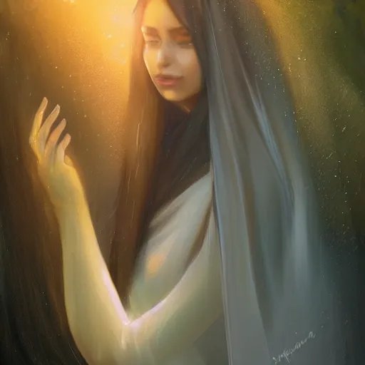 Prompt: beautiful Arab woman, white transparent veil black hair, bathing in a waterfall, ethereal, emotive, fine art, water mist, mystical, Romanticism, golden light digital painting, artstation, concept art