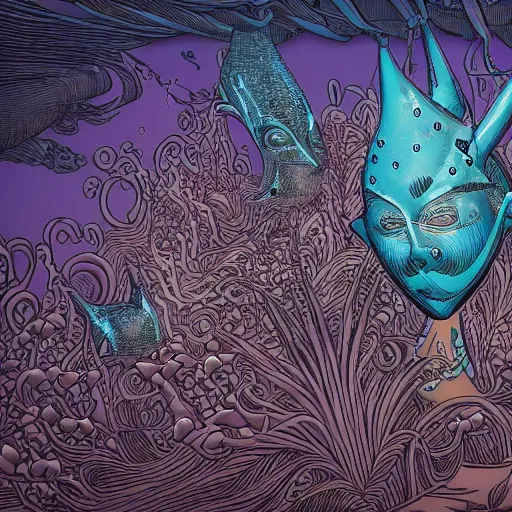 Prompt: metallic ethereal underwater paradise in the style of moebius, james jean, mcbess!!!, cinematic, highly detailed, award winning, 8 k photorealistic