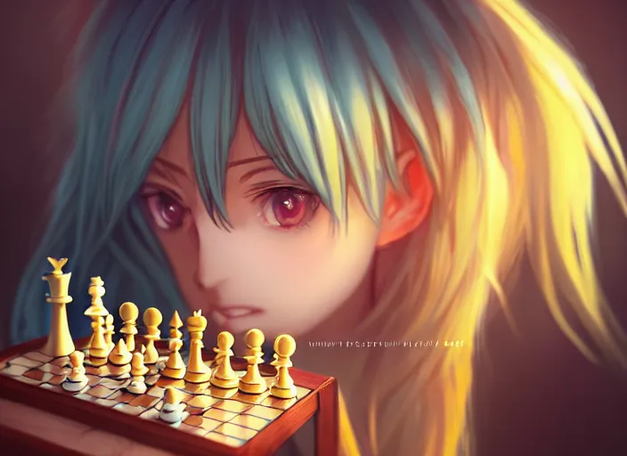 Image similar to rimuru playing chess, with amber eyes of golden colored eyes, straight hair, sky blue hair, long bangs, high collar, concept art, award winning photography, digital painting, cinematic, by wlop, anime key visual, wlop, 8 k, by ross tran, tom bagshaw, andy warhol