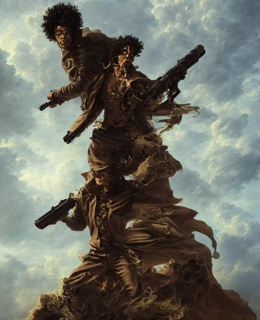 Prompt: a brown skinned male demon hunter with mid dark curly hair and a futuristic priest uniform, windy, he is holding a gun, stoic, modern, hes alone, maximalist fashion, cgsociety, hyperdetailed, dramatic, epic painting, painted by jean honore fragonard and greg rutkowski, full body, octane render, sharpness, 8 k, golden ratio