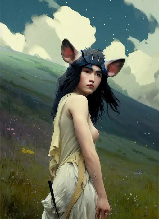 Image similar to portrait of Princess Mononoke, countryside near forest, calm, fantasy character portrait, dynamic pose, above view, sunny day, thunder clouds in the sky, artwork by Jeremy Lipkin and Giuseppe Dangelico Pino and Michael Garmash and Rob Rey, very coherent asymmetrical artwork, sharp edges, perfect face, simple form, 100mm