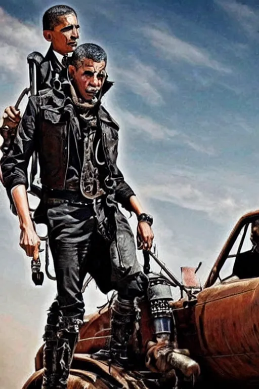 Image similar to steampunk obama in mad max fury road