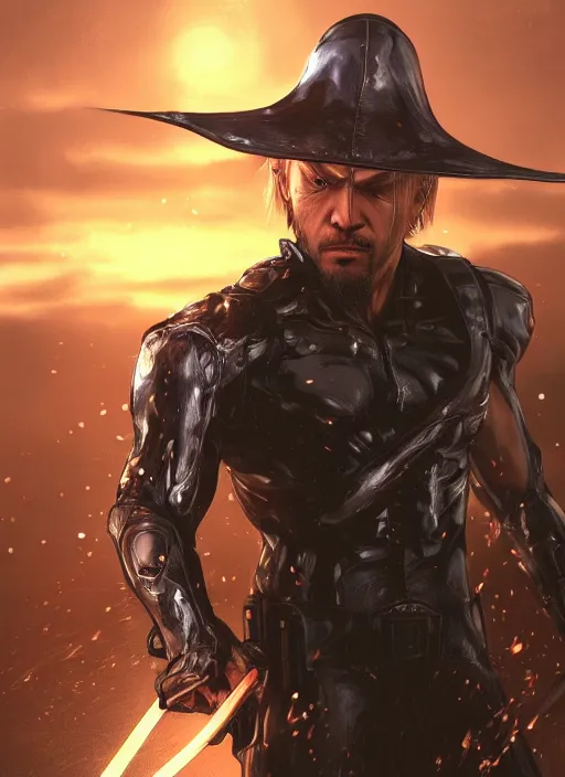 Image similar to a photorealistic hyperrealistic render of a raiden metal gear solid wielding a katana sword and wearing a asian conical hat, huge lightning from his hands, greg rutkowski, wlop, artgerm, dramatic moody sunset lighting, long shadows, volumetric, cinematic atmosphere, octane render, artstation, 8 k