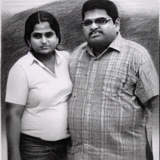 Prompt: pencil sketch of vinod standing with a fat lady