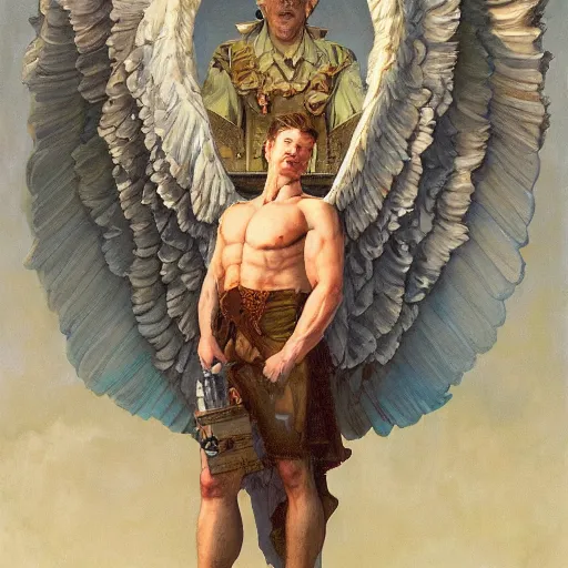 Image similar to marvelous detailed portrait of a strong winged Nephilim Hank Hill Man with a halo standing above new york city. peter mohrbacher norman rockwell heorhiy narbut jessie wilcox smith beatrix potter joseph leyendecker acrylic painting