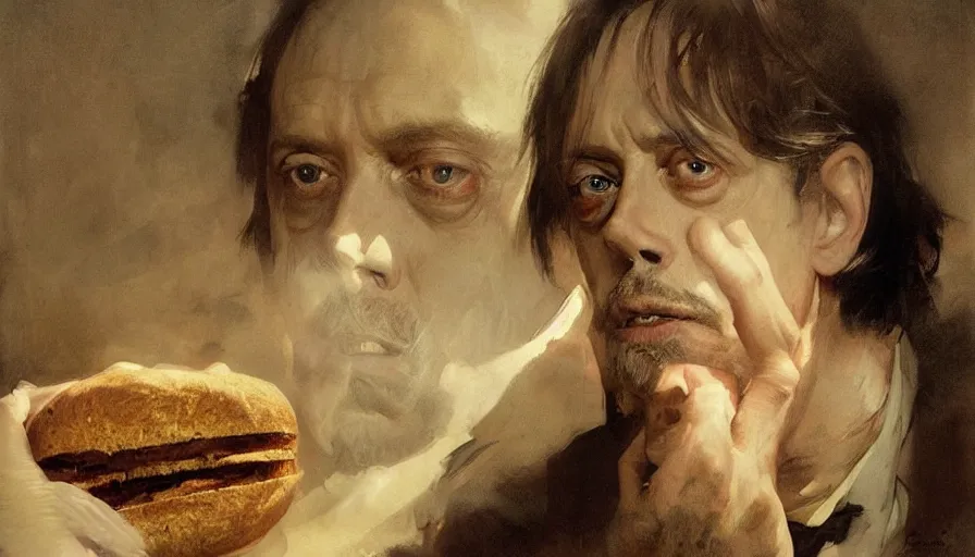 Image similar to beautiful portrait of steve buscemi in a loaf of bread, art by anders zorn, wonderful masterpiece by greg rutkowski, beautiful cinematic light, american romanticism thomas lawrence, greg rutkowski