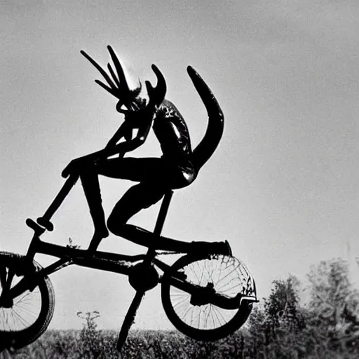 Image similar to alien riding a bmx, photograph