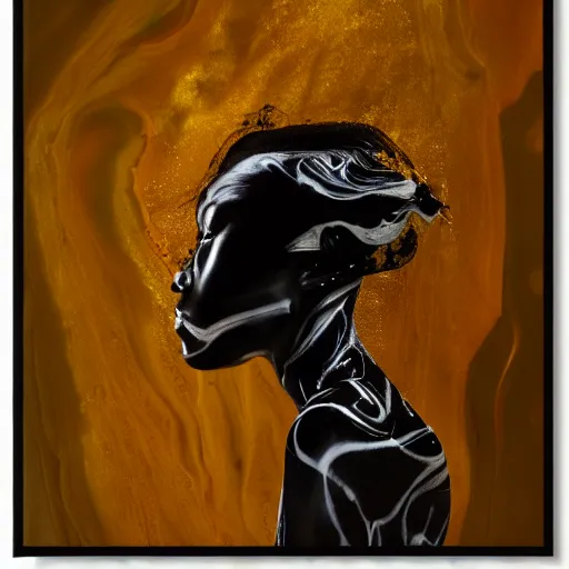 Image similar to liquid marble acrylic fluid paint, portrait, golden and black liquid materials, abstract art, beautiful female model standing, semi realism, surreal