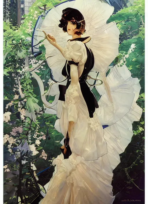 Prompt: a copic maker art nouveau portrait of an anime girl detailed features wearing a puffy futuristic weeding dress designed by balenciaga by john berkey, norman rockwell akihiko yoshida