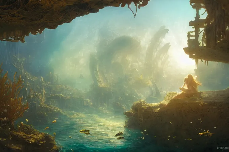 Prompt: a scenic landscaping view of the lost and abandoned city of Atlantic under water, ray of sunlight, mermaids in distance, Greg Rutkowski, Moebius, Mohrbacher, Mucha, blue and gold color scheme, ultra wide angle, ultra detailed, light effect