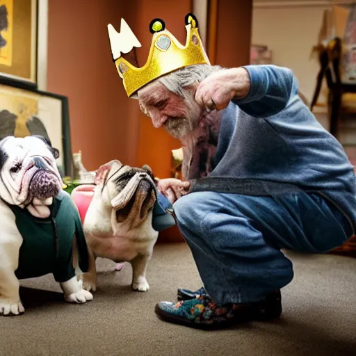 Prompt: Buddy the graying middle aged homeless man playing xbox and petting King Charles the english bulldog wearing a crown, dog wearing a crown, photo by Wes Anderson