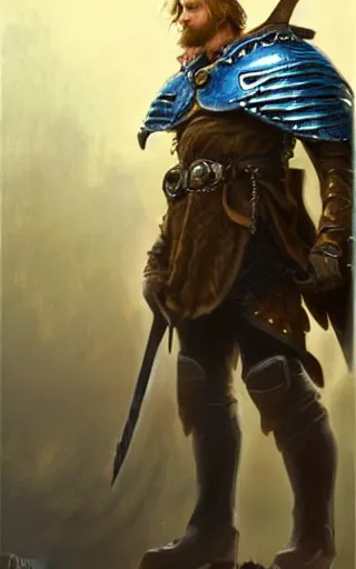 Image similar to a rugged young knight with blonde hair and blue eyes and a short beard wearing a blue shirt over chain mail and steel pauldrons and a yellow cape and leather boots concept art by Tony Sart and Greg Rutkowski, realistic, highly detailed, masterpiece, ArtStation