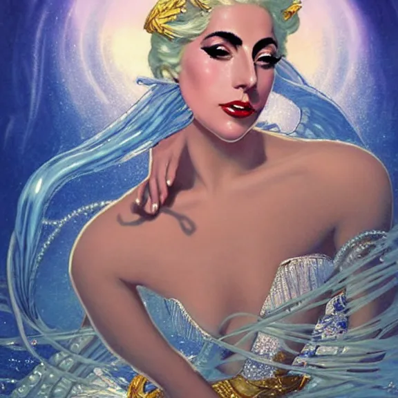 Prompt: lady gaga as princess kida the high queen of ancient atlantis, a beautiful art nouveau portrait by gil elvgren, beautiful underwater city environment, centered composition, defined features, golden ratio, silver jewelry, stars in her gazing eyes