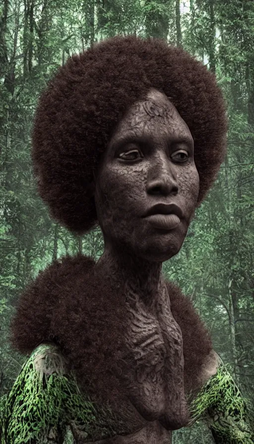 Image similar to hyper realistic 3 d render of a afro future sci - fi ancient black god on the middle of a forest