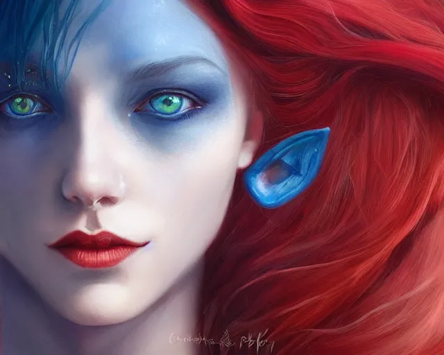 Image similar to A detailed matte oil on canvas head on symmetrical portrait of a distinguished elven woman with red and blue hair on an empty background, by Charlie bowater, Lise Deharme, Wlop, trending on artstationhd, dungeons and dragons art, parted hair , half blue, half red , split dye, critical role