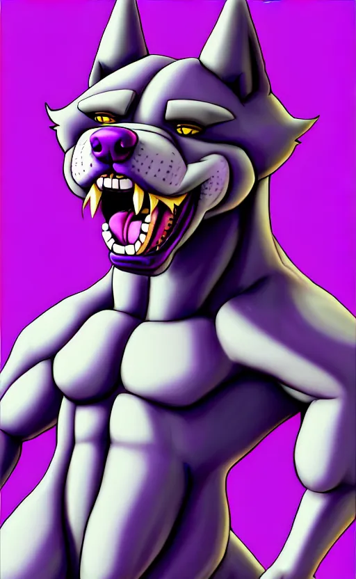 Image similar to painting of an anthropomorphic bulky muscular purple dog, furry style, wearing jeans, deviant art, fursona, professional furry drawing, insanely detailed, bulky husky dragon like face, doing a pose from jojo's bizarre adventure, detailed veiny muscles, exaggerated features, beautiful shading, huge white teeth, grinning, colorful background