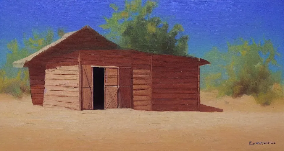 Prompt: a wooden shed in the desert, beautiful painting, oil on canvas, by ewa czarniecka, award winning masterpiece,