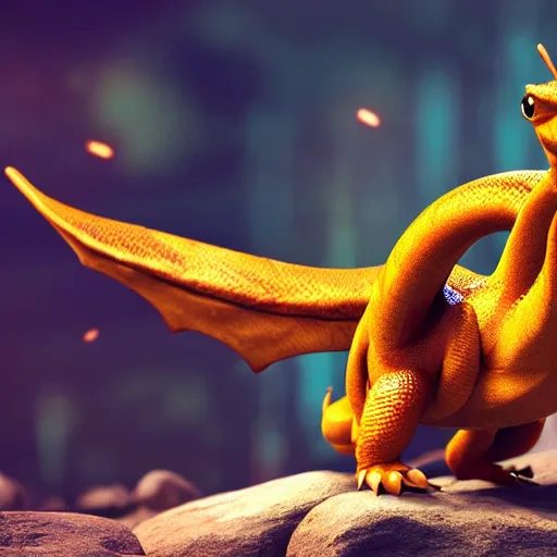 Image similar to photography of a realistic dragonite animal, ultra detailed, 8 k, cinematic lighting, natural background, trending on artstation, pokemon