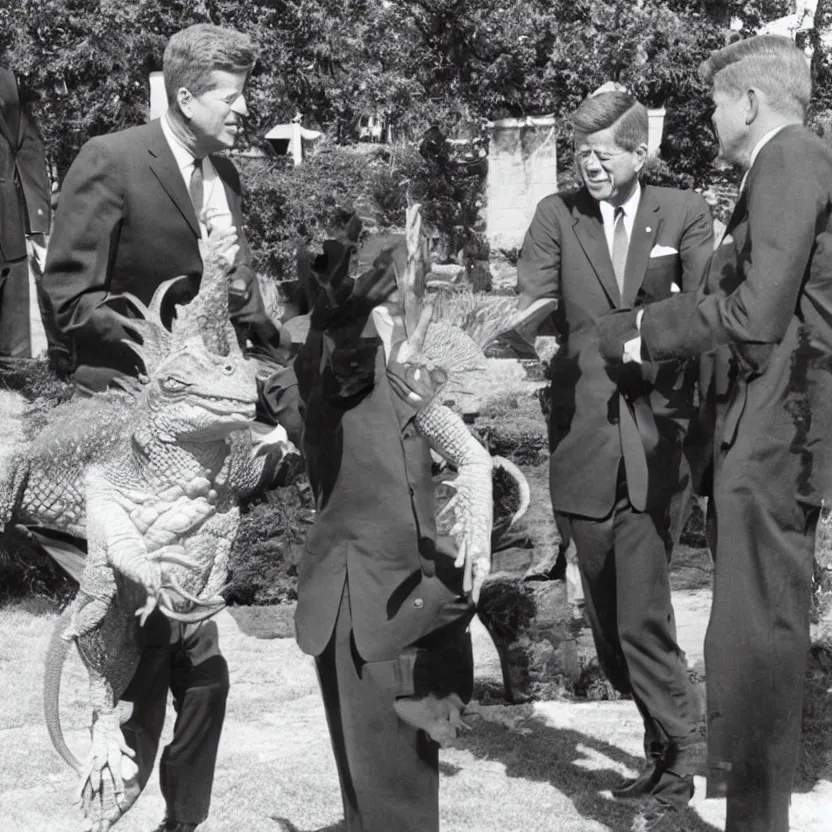 Image similar to vintage photo of president kennedy meeting with an argonian lizard warrior in skryim