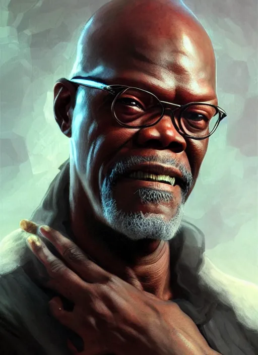 Image similar to Portrait of Samuel L. Jackson, D&D, muscular, fantasy, intricate, elegant, highly detailed, digital painting, artstation, concept art, smooth, sharp focus, illustration, art by artgerm and greg rutkowski and alphonse mucha