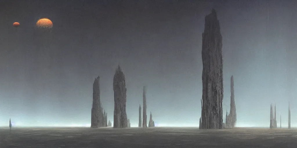 Prompt: the depths of a vast artificial world with massive towering pillars holding the ceiling of the landscape up, detailed, brass coloration, energetic beings patrolling, extreme depth, alan bean, zdzisław beksinski and peder balke collaboration, godrays, colossal hovering machine automations of brutalist design visible in the foreground