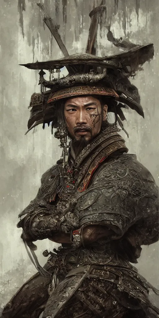 Image similar to HDR, realistic, high depth of field portrait of a samurai, highly detailed, intricate image by Andrei Riabovitchev, Shaun Tan and Peter Mohrbacher, matte painting