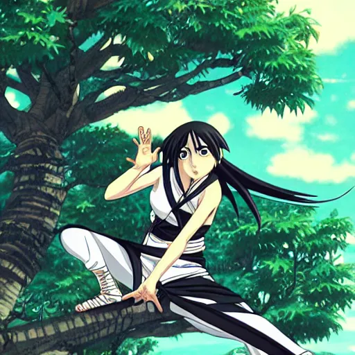 Prompt: female ninja throwing shuriken on a tree top, highly detailed, illustration, manga art, art by hajime isayama, by makoto shinkai.