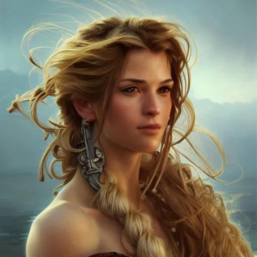 Image similar to portrait of a young ruggedly handsome but joyful pirate, female, feminine, upper body, blonde hair, long hair, d & d, fantasy, seductive smirk, intricate, elegant, highly detailed, digital painting, artstation, concept art, matte, sharp focus, illustration, art by artgerm and greg rutkowski and alphonse mucha