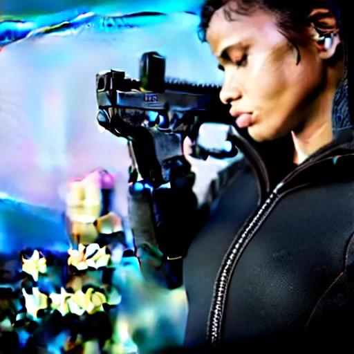 Image similar to photographic portrait of a techwear woman holding a Glock 18, closeup, on the rooftop of a futuristic city at night, sigma 85mm f/1.4, 4k, depth of field, high resolution, 4k, 8k, hd, full color