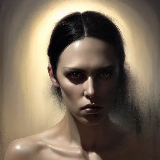 Image similar to Face of a beautiful woman with very black hair, intimidating woman, large black eyes, high forehead, smooth pale skin, ethereal skin, ominous, eldritch. oil painting by nuri iyem, james gurney, james jean, greg rutkowski, highly detailed, soft lighting, chiaroscuro