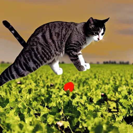 Prompt: stock image of cat falling from sky with grape