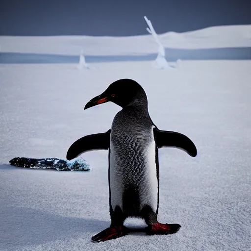 Image similar to hyperrealistic photo of a penguin with dangerous tusks, an arctic wildlife photographer's picture, extremely detailed feathers, impressive shading, snowscapes in the background