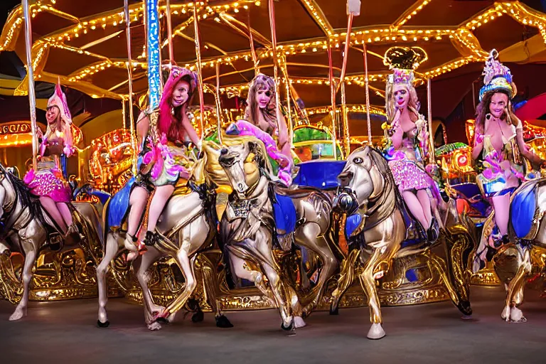 Prompt: professional photo drag queens riding carousel, las vegas show