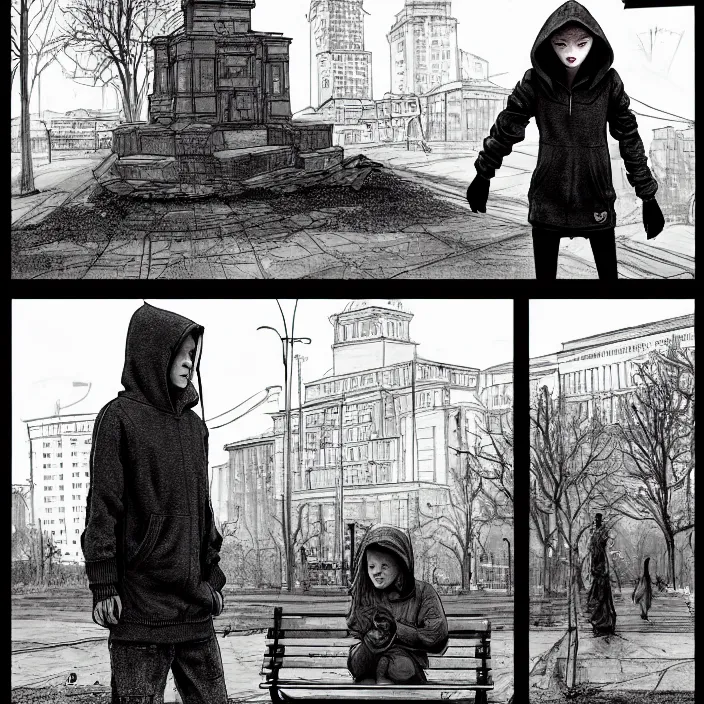 Image similar to storyboard : sadie sink in hoodie sat down on bench in ruined square, pedestrians walk by, old soviet monument. scifi cyberpunk. drawn by gabriel hardman. cinematic atmosphere, detailed and intricate, perfect anatomy