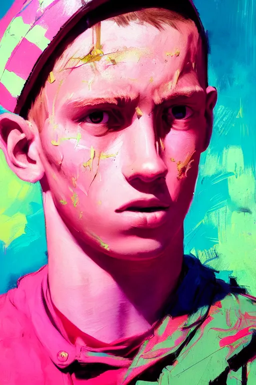 Image similar to portrait of a young soldier boy nor living in a death postapoliptic world, painterly painted in the colors hot pink and cyan, beautiful face, rule of thirds, complex outfit, spotlight, octane render, dramtic lit, by greg rutkowski, by jeremy mann, by francoise nielly, by van gogh, digital painting