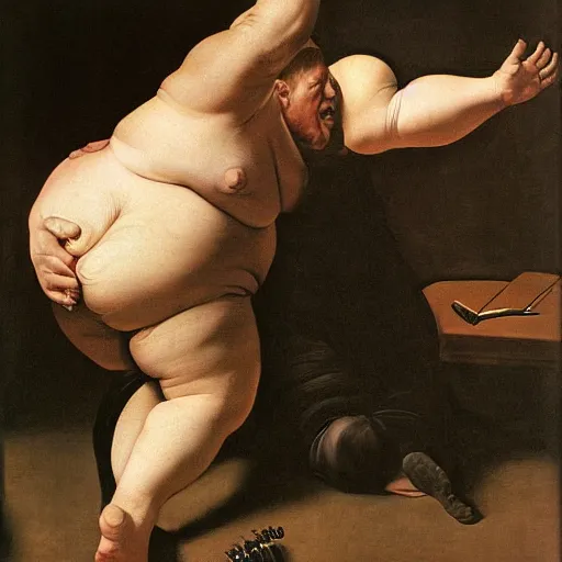 Prompt: obese alex jones falls over, painted by caravaggio