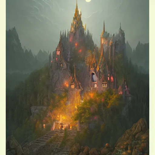 Image similar to an elven castle in the mountains, by peter mohrbacher and dan mumford and nekro, cgsociety, volumetric light, 3 d render