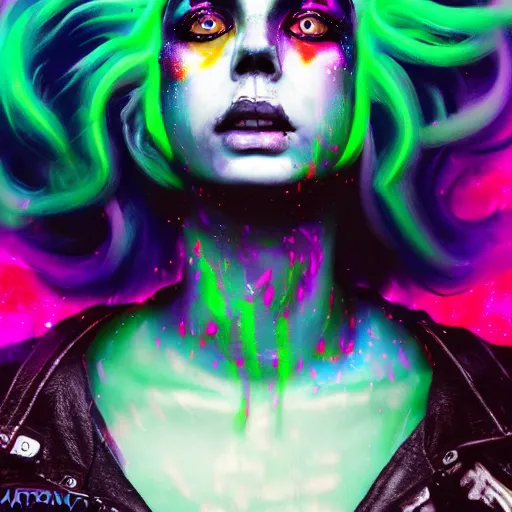 Image similar to splashes of neon galaxies, mowhawk, punk women portrait made out of paint, trending on artstation, epic composition, emotional, beautiful, rendered in octane, highly detailed, realistic, tim burton comic book art, sharp focus, unreal engine