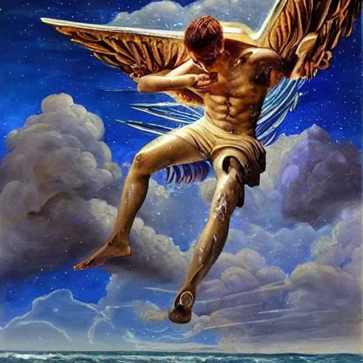 Prompt: beautiful painting by karol bak of a fourteen year old boy with and enormous mechanical wing strapped to his back, standing on the back of a boat in a storm, his arms spread, face looking skyward, wearing only shorts, ready to fly, icarus, winged boy, young teen, rain, clouds, waves, splash,