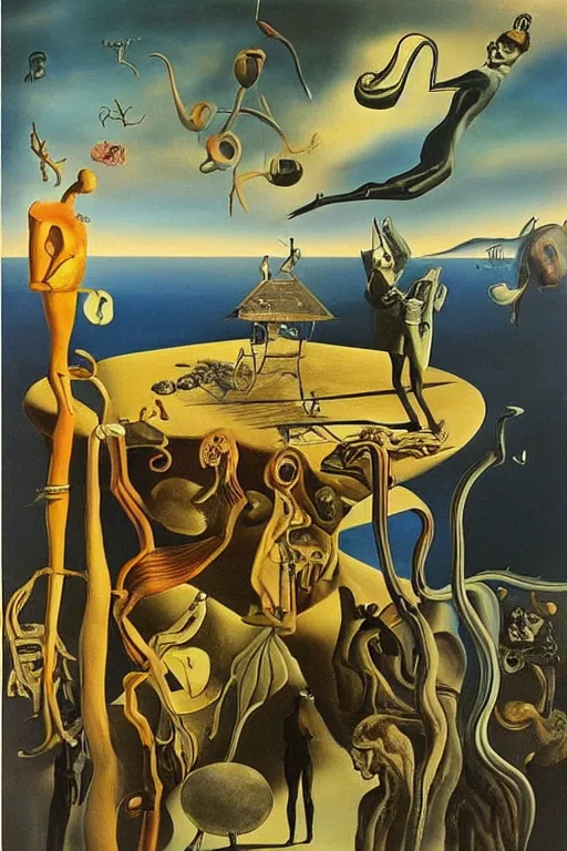 Prompt: surrealist painting by dali full of subtle hints, mystic characters and misleading perspectives, ultrastation hq, 8 l, hyperrealistic, very highly detailed