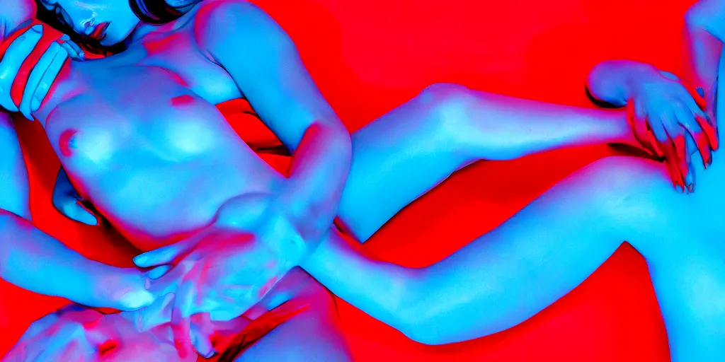 Image similar to sensual bodies intertwined in blue and red lights, wet skin, close together, holding each other tight, drops of water, beautiful hands, no head, no face, torso, backlit, 8 k, realistic