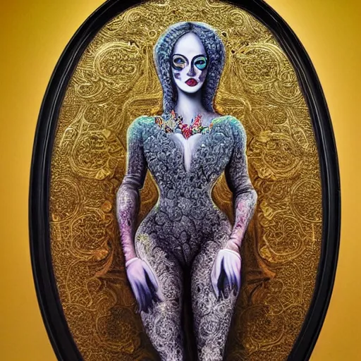 Prompt: mark ryden, curiosities carnival, soft paint of a single beautiful female full very tight long metallic suit ornate, symmetry accurate features, focus, very intricate ultrafine details, award winning masterpiece
