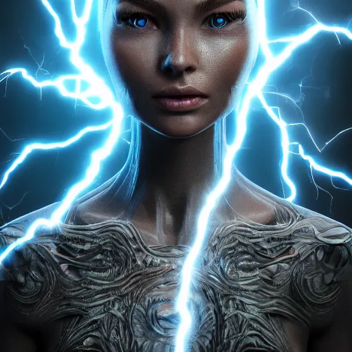 Image similar to photography of a hyper realistic highly detailed stunning humanoid creature, controls complex and highly detailed blue lightning storms as a super power. professionnal digital art, artstatiom, stuning, intricate, complex, unreal engine 5.