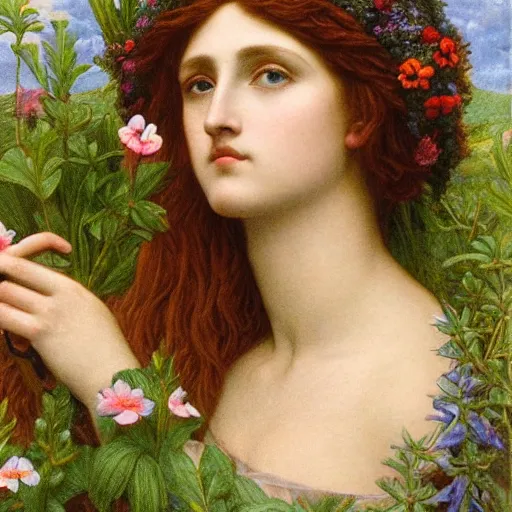Prompt: Pre-Raphaelite goddess of nature in the style of John William Godward, close-up portrait, in focus, flowers and plants, moody, intricate, mystical