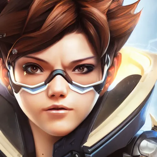 Prompt: tracer overwatch portrait, close up, concept art, intricate details, highly detailed photorealistic portrait by michael komarck, joel torres, seseon yoon, artgerm and warren louw