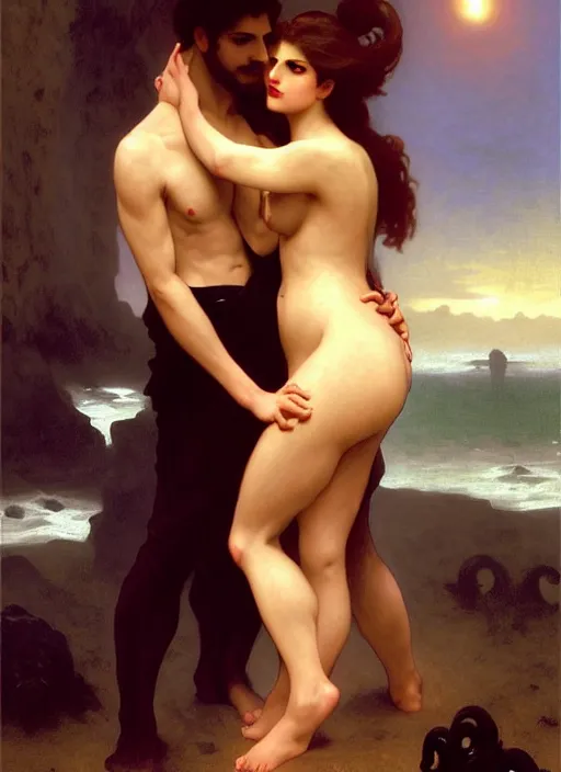 Image similar to mills and boon romance novel cover with cthulhu!! and eva mendes, they are in love, by william - adolphe bouguereau, john singer sargent, digital painting, artstation, concept art, smooth, sharp focus, warm lighting,